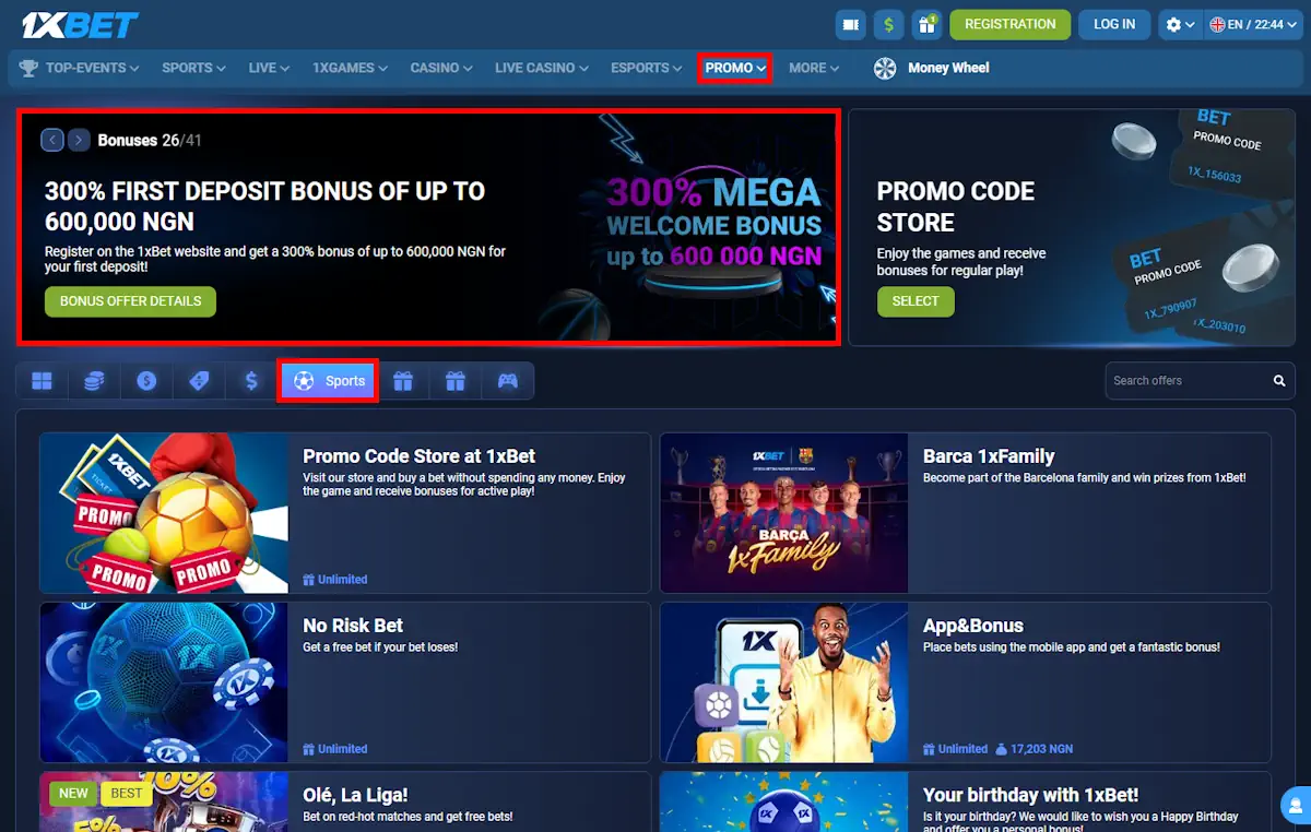 1xBet Sports Bonuses and Welcome Bonus Screenshot